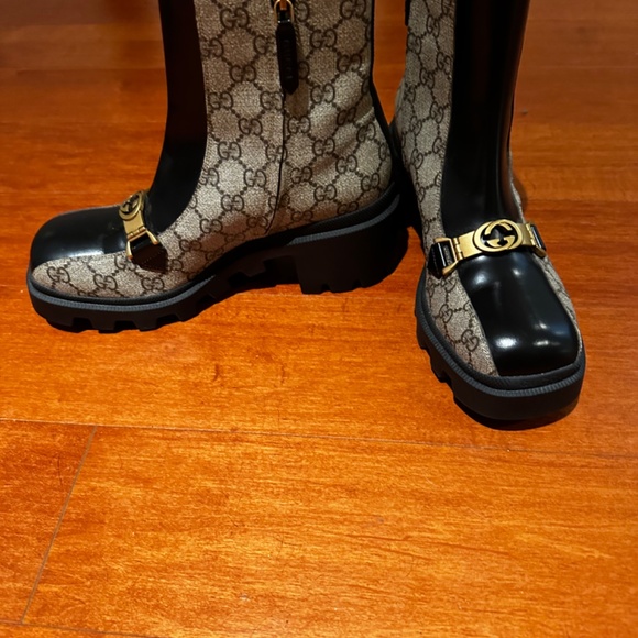 Authentic Gucci Women's Black Interlocking G Horsebit Canvas Ankle Boots - Picture 2 of 6